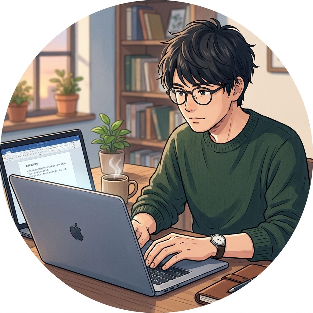 デスクでパソコンに向かうブログ運営者のイラスト